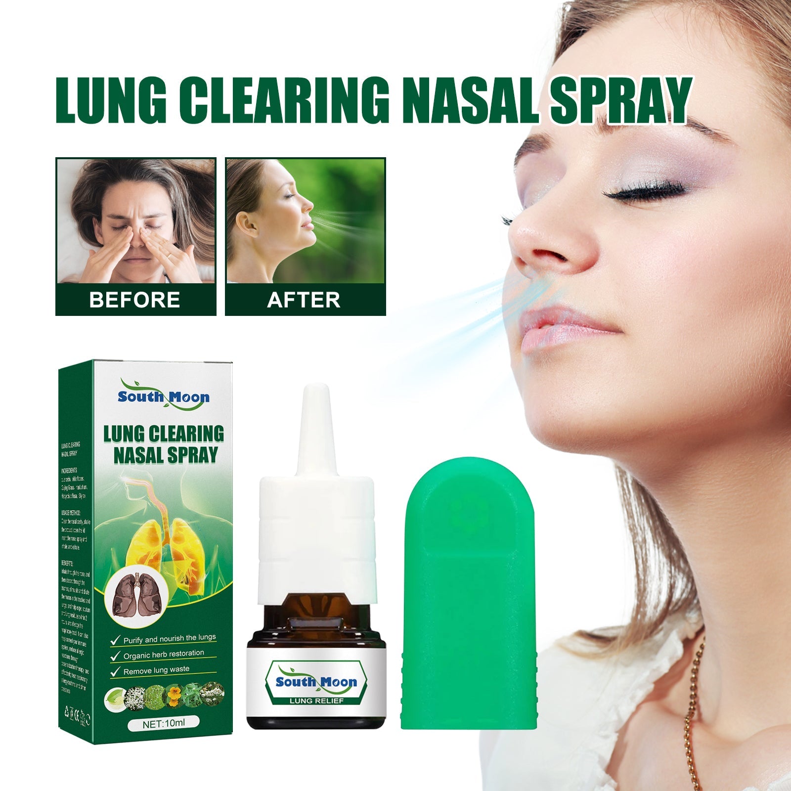 Woman in profile receiving nasal spray mist with before/after comparison inset showing congested vs. clear nasal passages