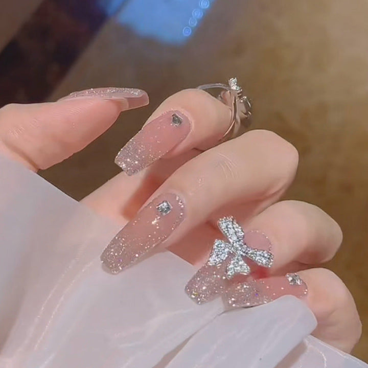 Long Press-On Nails with Butterfly Glitter Nail Art
