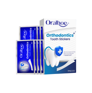 Oralhoe Orthodontics Tooth Stickers product display showing 7-piece packaging with stacked sachets and product box
