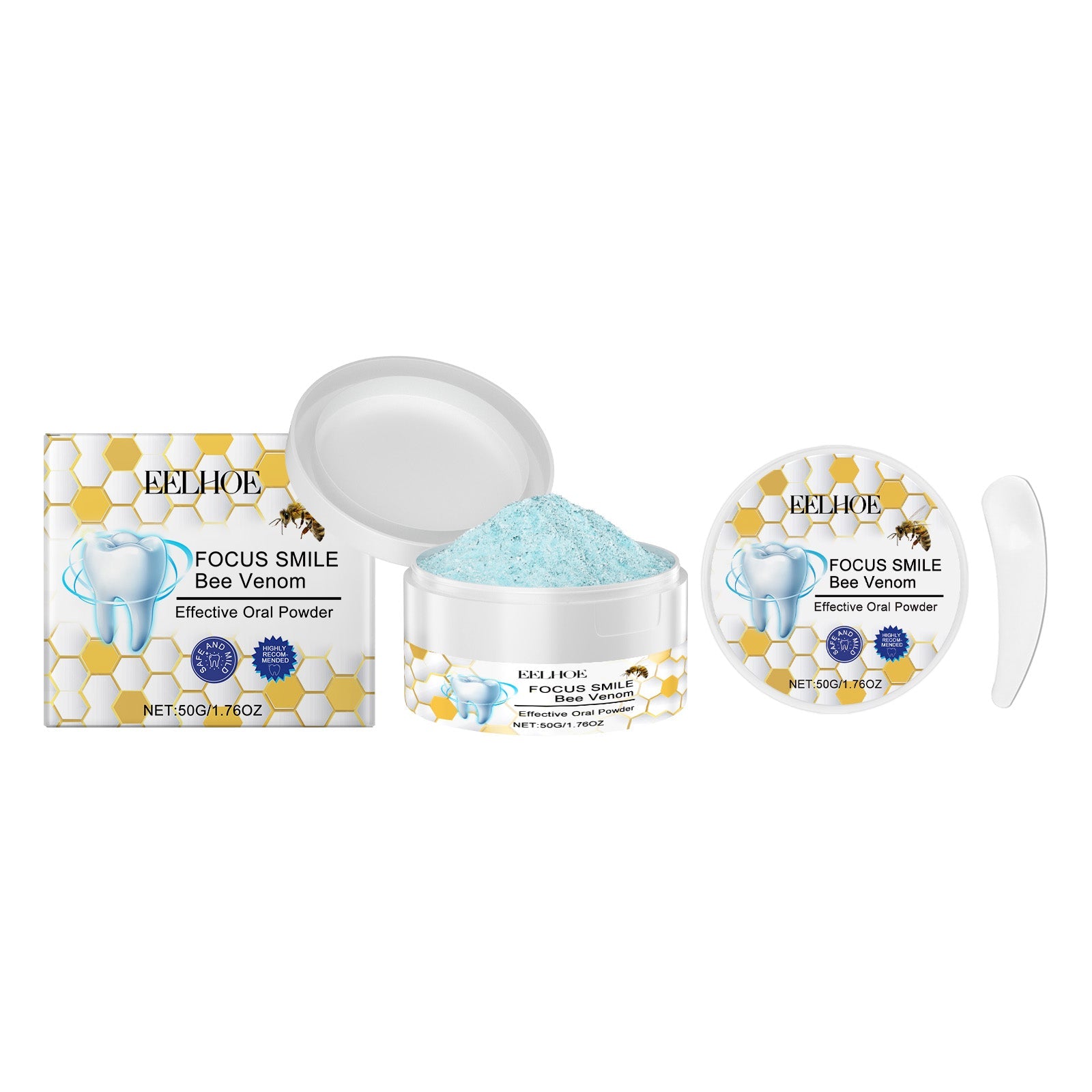 EELHOE Focus Smile Bee Venom oral powder displayed with packaging box, open jar showing turquoise powder, and circular case variant