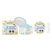 EELHOE Focus Smile Bee Venom oral powder displayed with packaging box, open jar showing turquoise powder, and circular case variant