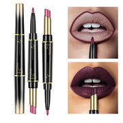 Three double-ended Pudaier lipstick pencils displayed: one with gold gradient tube, one with burgundy tip and gold band, one with black tube and gold accents