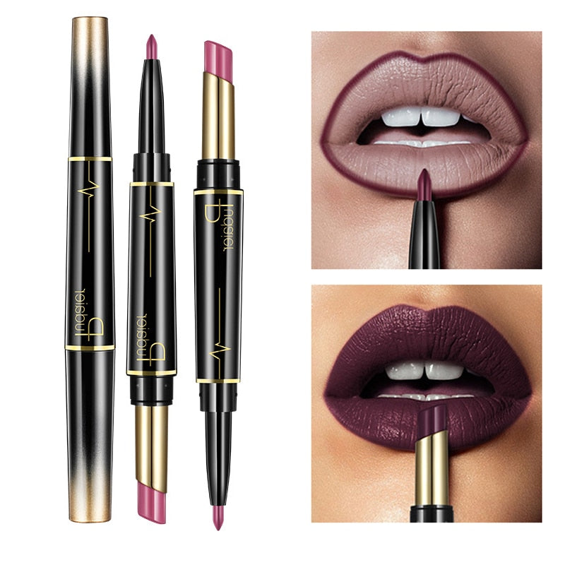 Three double-ended Pudaier lipstick pencils displayed: one with gold gradient tube, one with burgundy tip and gold band, one with black tube and gold accents