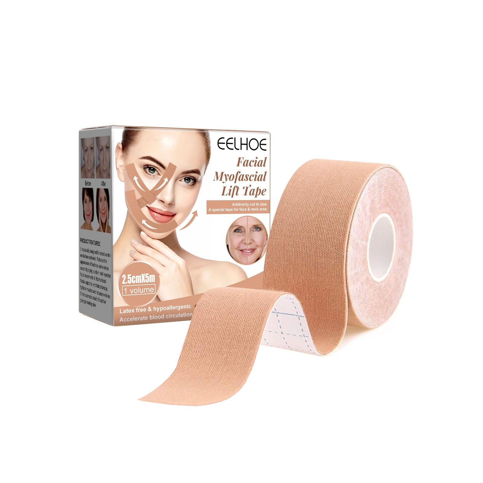 EELHOE Facial Myofascial Lift Tape product shot with peach-toned rolls displayed next to full packaging box on white background
