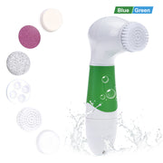 7-in-1 electric facial brush with green handle in water splash, showing waterproof capability with all 7 interchangeable brush heads displayed