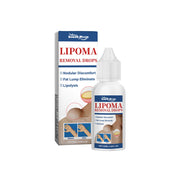 Product packaging and bottle displayed with product box showing South Moon Lipoma Removal Drops branding, claims, and before/after arm imagery