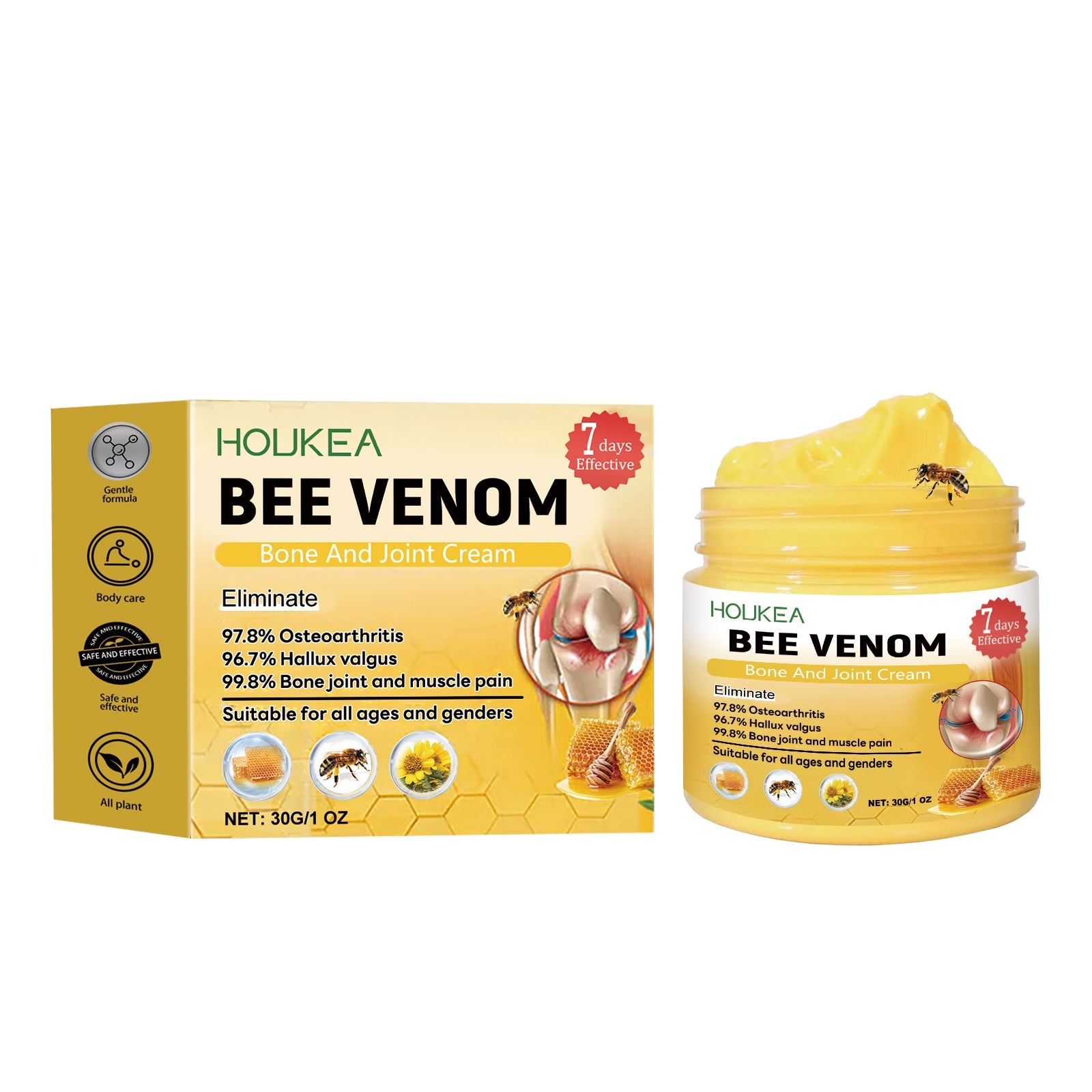 HOUKEA Bee Venom Bone and Joint Cream jar and packaging box with golden branding and product visible