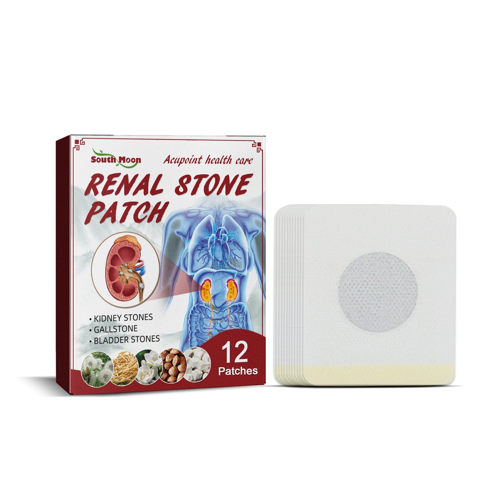 Product packaging box and single adhesive patch displayed side-by-side showing South Moon Renal Stone Patch branding with anatomical kidney imagery