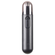 Front-facing product shot of the matte black electric nose hair trimmer on a white background showing the full body, smoked cap, and branded logo
