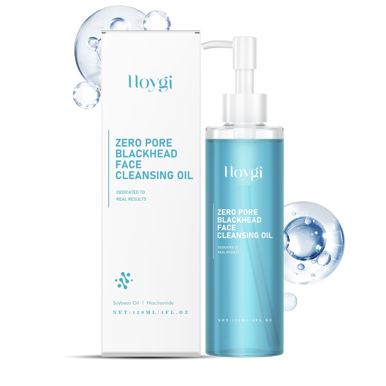 Hoygi Zero Pore Blackhead Face Cleansing Oil bottle with packaging and water droplet graphics