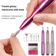 Woman's hand holding hot pink metallic drill machine against a nail being polished with a diamond bit, demonstrating professional technique