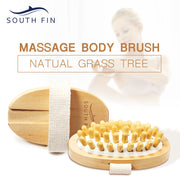 South Fin Massage Body Brush with Natural Grass Tree branding, showing both flat and angled views with cream linen strap