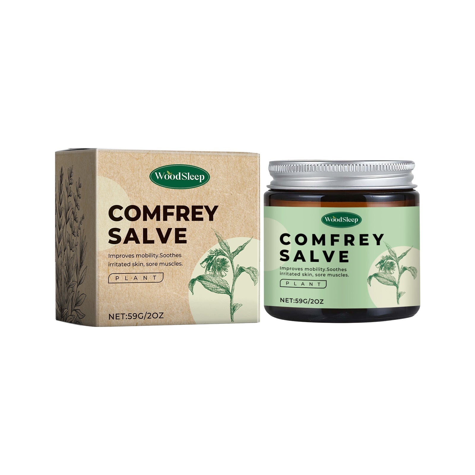 Comfrey Salve product display showing cardboard box and dark amber glass jar with silver cap