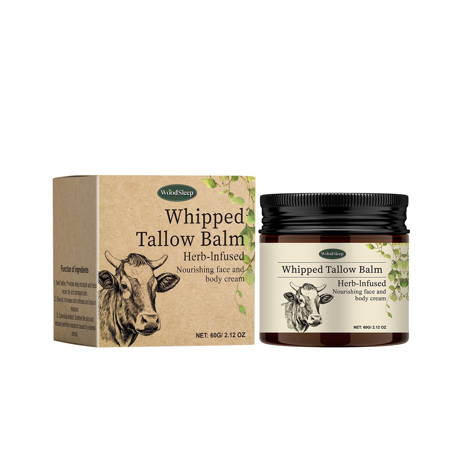 WoodSleep Whipped Tallow Balm packaging: kraft cardboard box with cow illustration and glass jar with black lid displayed side-by-side