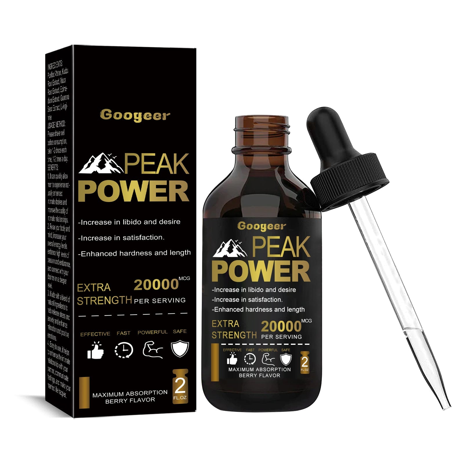 Product packaging and bottle with dropper displayed against white background