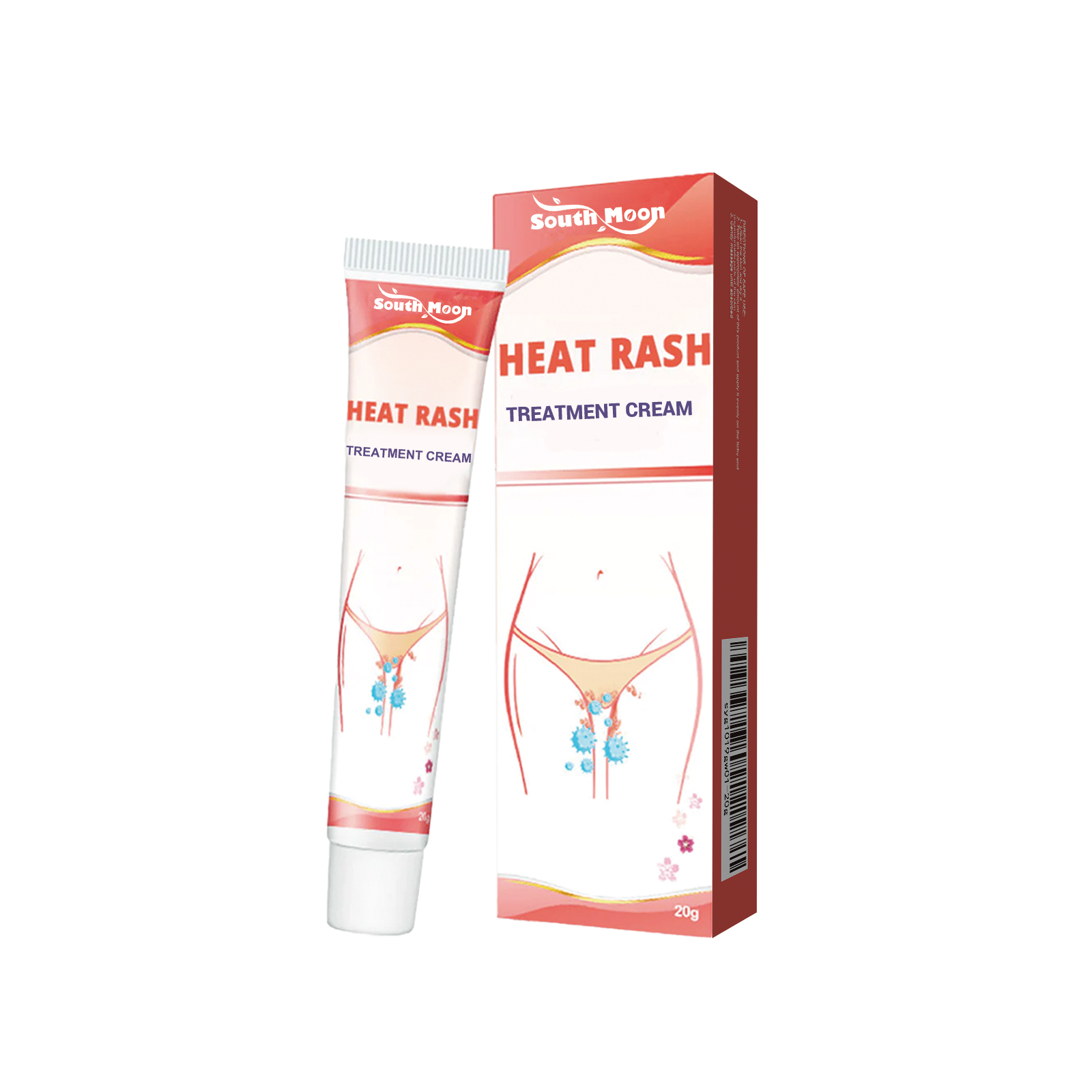 Product shot showing South Moon Heat Rash Treatment Cream tube and packaging box against white background