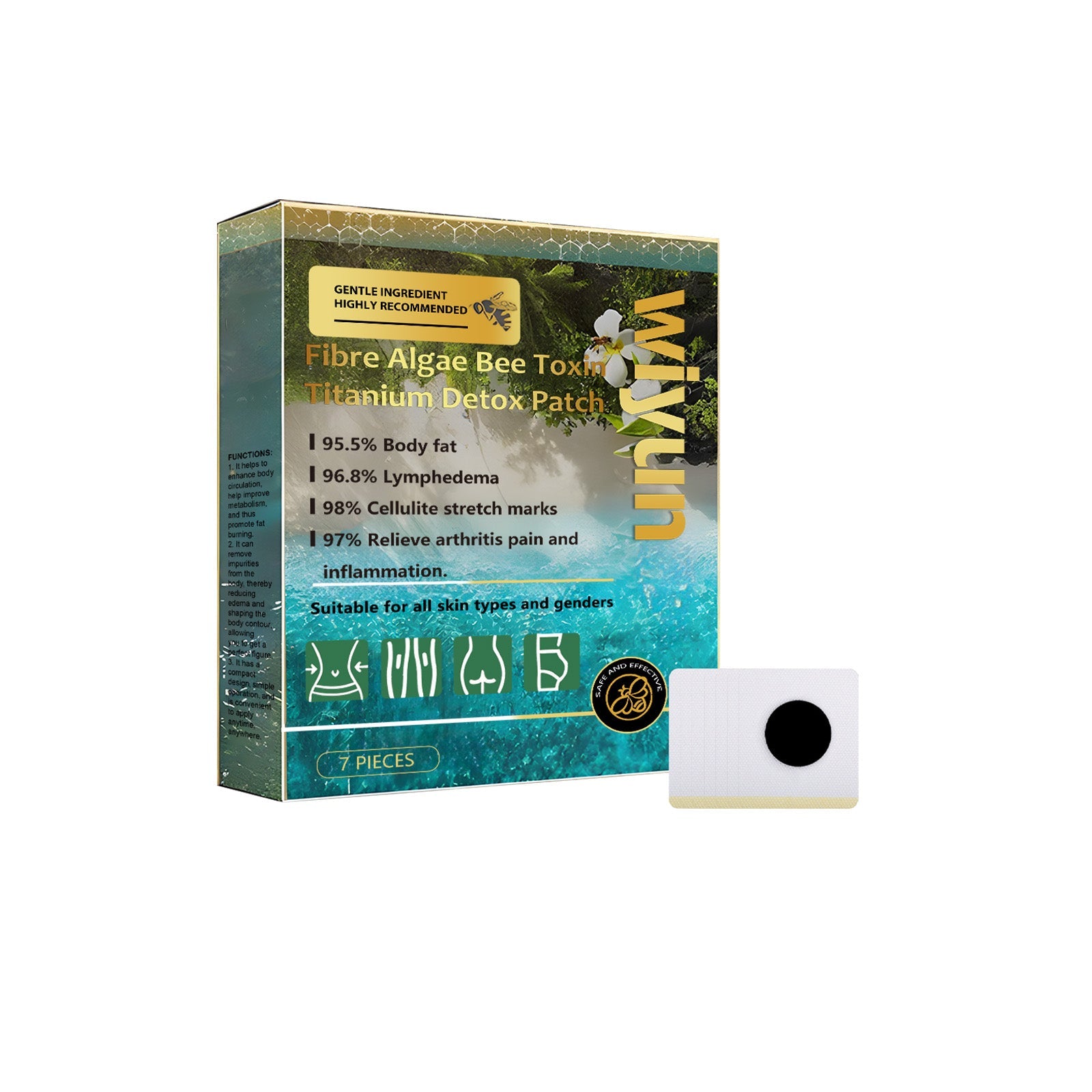 Fibre Algae Bee Toxin Titanium Detox Patch box with gold and teal gradient packaging alongside a single white adhesive patch
