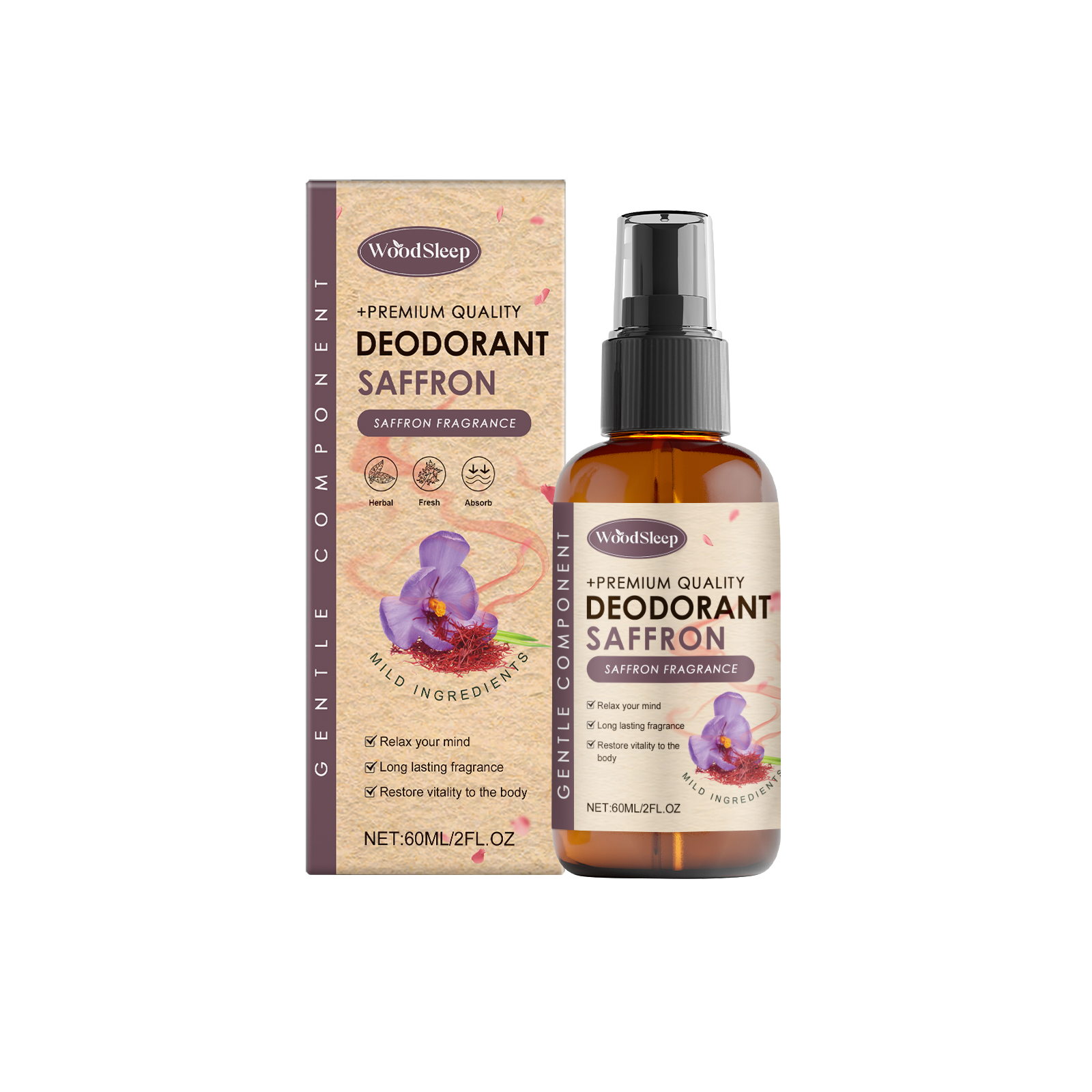WoodSleep Saffron Deodorant spray with kraft paper box packaging showing saffron flower, brand logo, and product benefits