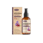 WoodSleep Saffron Deodorant spray with kraft paper box packaging showing saffron flower, brand logo, and product benefits