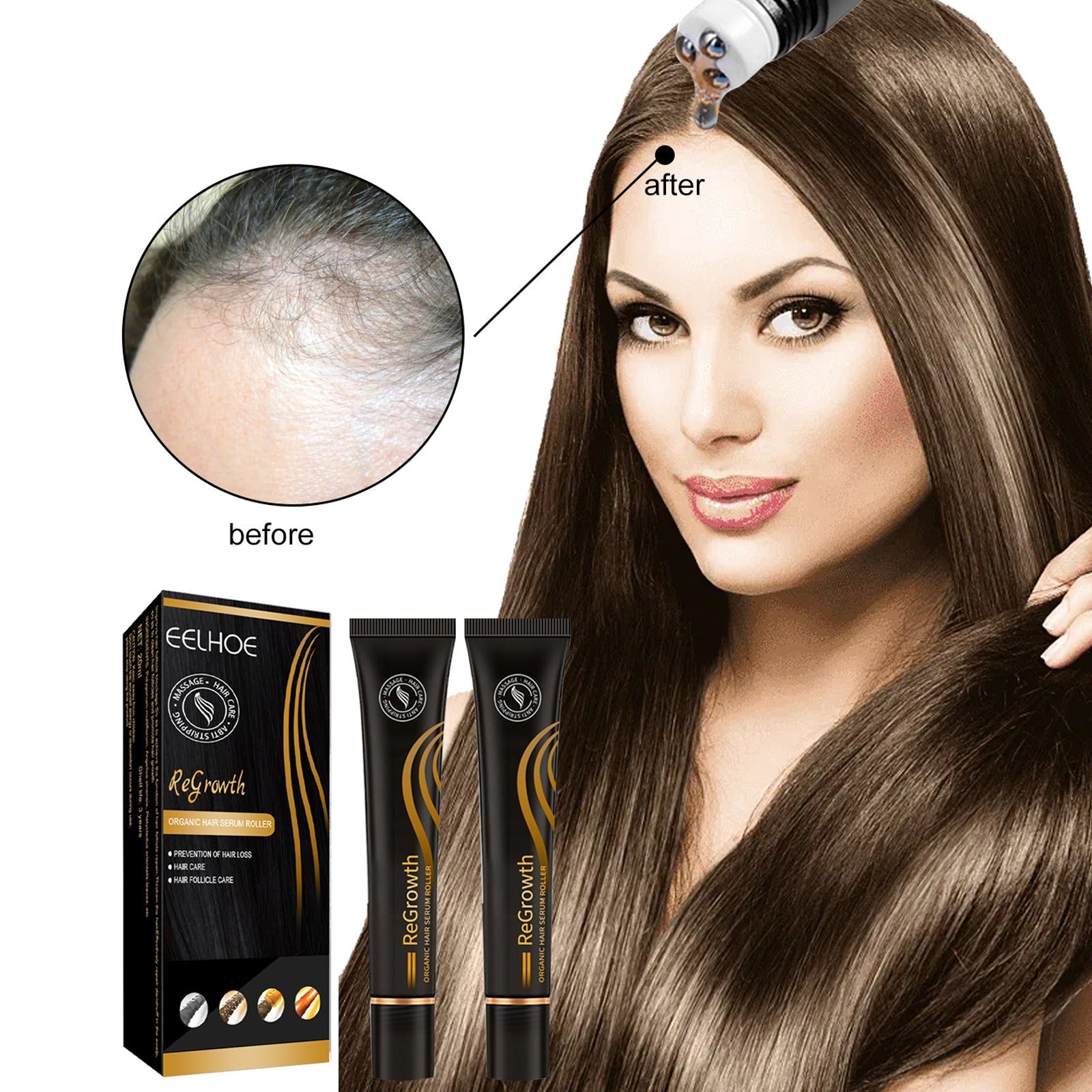 Full product layout showing box, two 20ml tubes with ball-bearing rollers, and ingredient icons on packaging