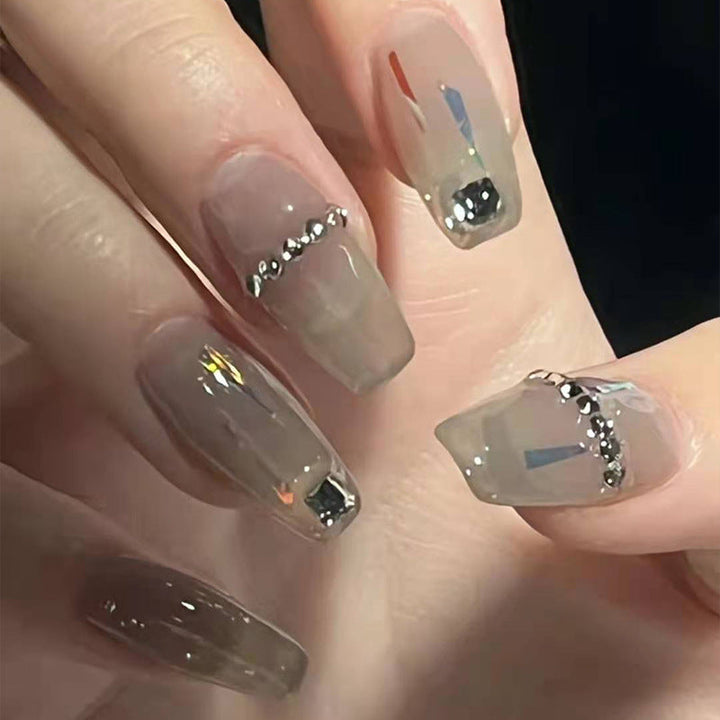 Transparent Gray Press-On Nails With Crystal Nail Art