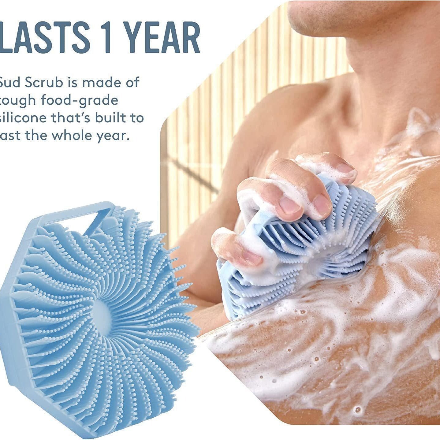 Person using blue silicone body scrubber on wet skin with soap lather, demonstrating ergonomic grip and lather generation