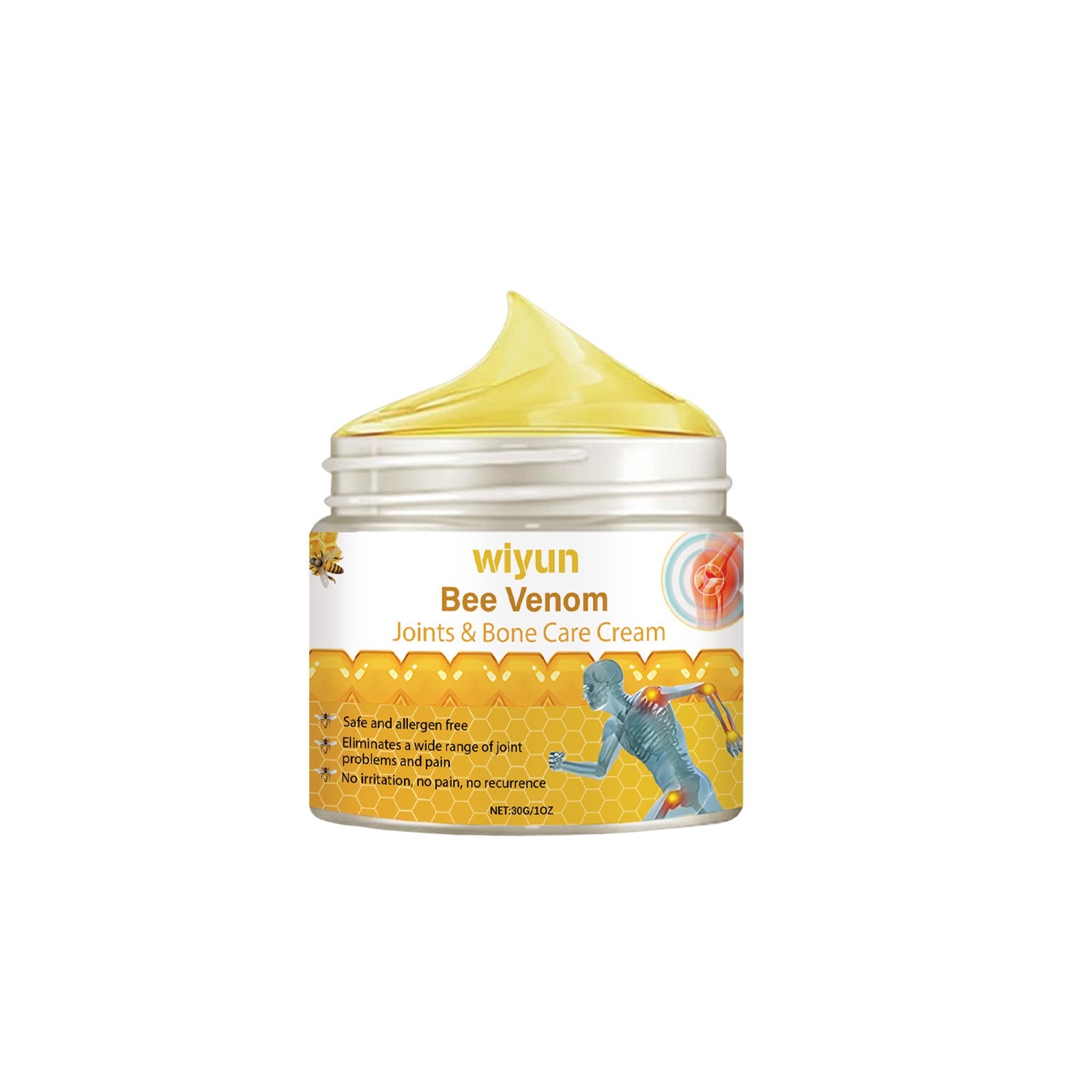 Wiyun Bee Venom Joints & Bone Care Cream jar front-facing on white background showing full packaging, golden peaked cream texture, honeycomb label design, and product claims