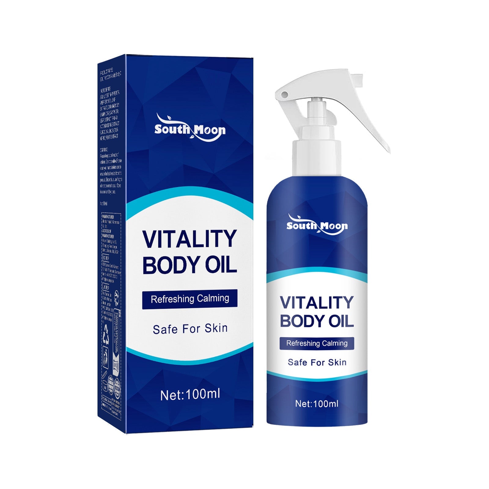 Front-facing product shot showing navy spray bottle next to its branded box