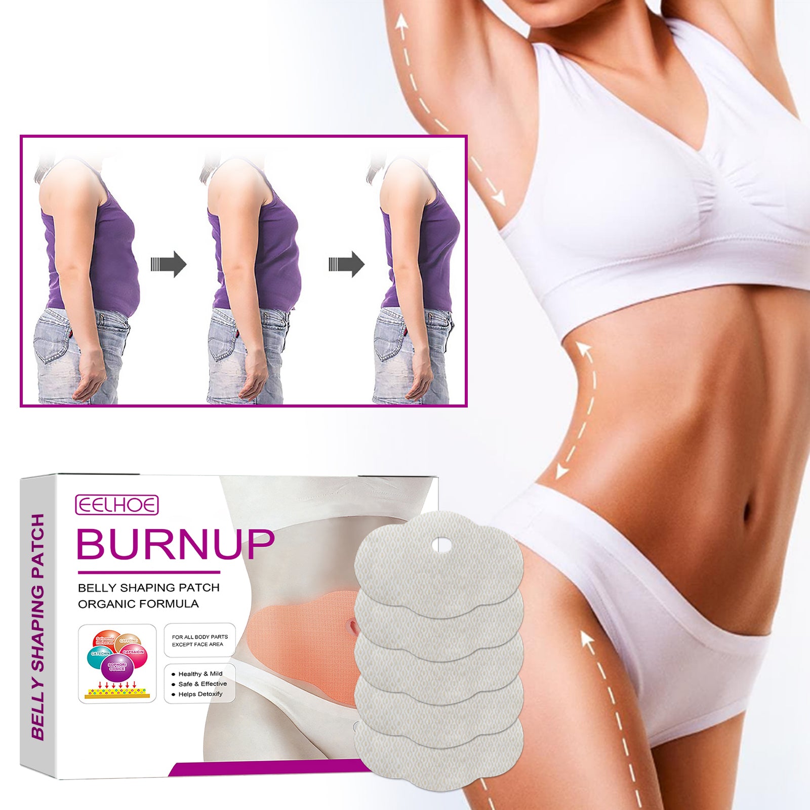 Stomach placement demonstration with magenta circular inset showing patch application zone and digestion/constipation relief benefit