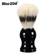 BlueZOO shaving brush with dense ivory boar bristle knot and glossy black resin handle on white background