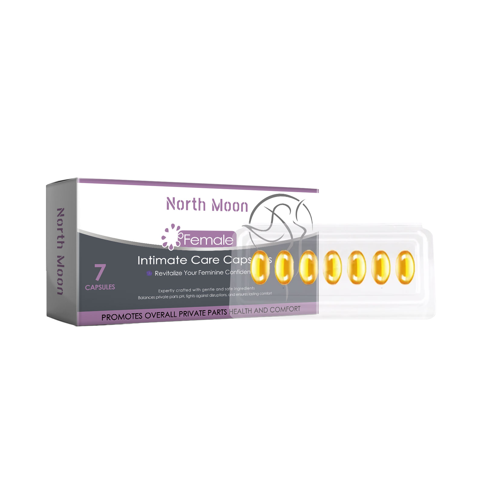 North Moon Intimate Care Capsules box and blister pack with 7 golden capsules displayed against white background