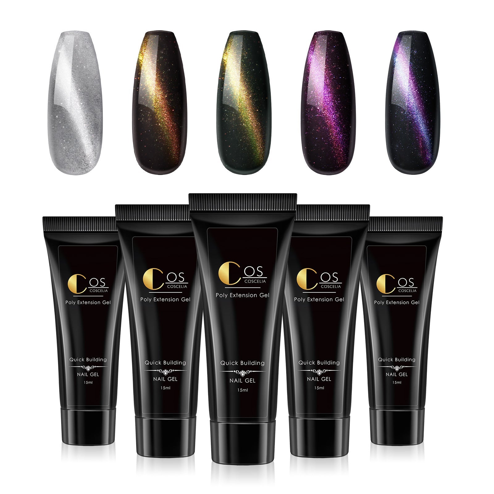 Five nail polish swatches displaying cat-eye gel colors ranging from silver shimmer to multi-chrome magenta and blue-purple with magnetic linear patterns and glitter accent