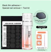 Complete nail adhesive system with black film stickers, pump bottle, removal tools on soft mint background