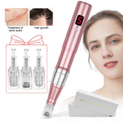 Left side shows gift-boxed set with three interchangeable clear cartridges with spring mechanisms, demonstrating what's included