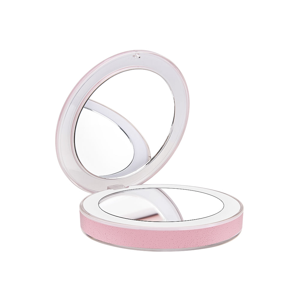 Pink LED makeup mirror with dual magnification mirrors shown open at 90 degrees