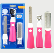 Complete foot care tool set in blue retail packaging showing electric foot file with pink handle and four additional rasp/scraper attachments