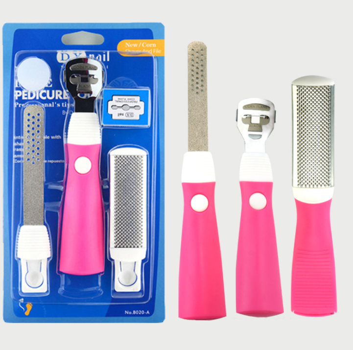 Complete foot care tool set in blue retail packaging showing electric foot file with pink handle and four additional rasp/scraper attachments