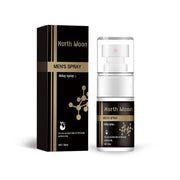 Product packaging and bottle display showing North Moon Men's Spray delay spray in luxury black box with gold accents and white pump bottle