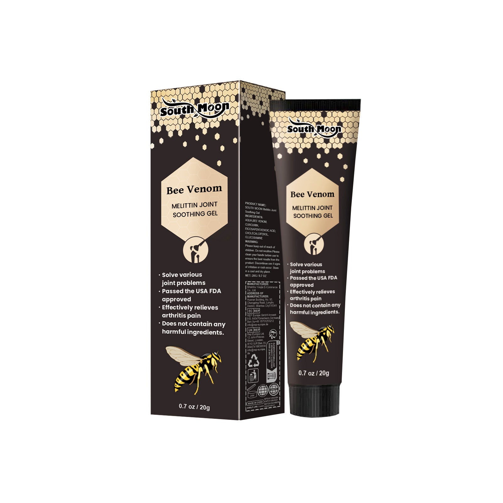 South Moon Bee Venom Melittin Joint Soothing Gel product display with box and tube on white background