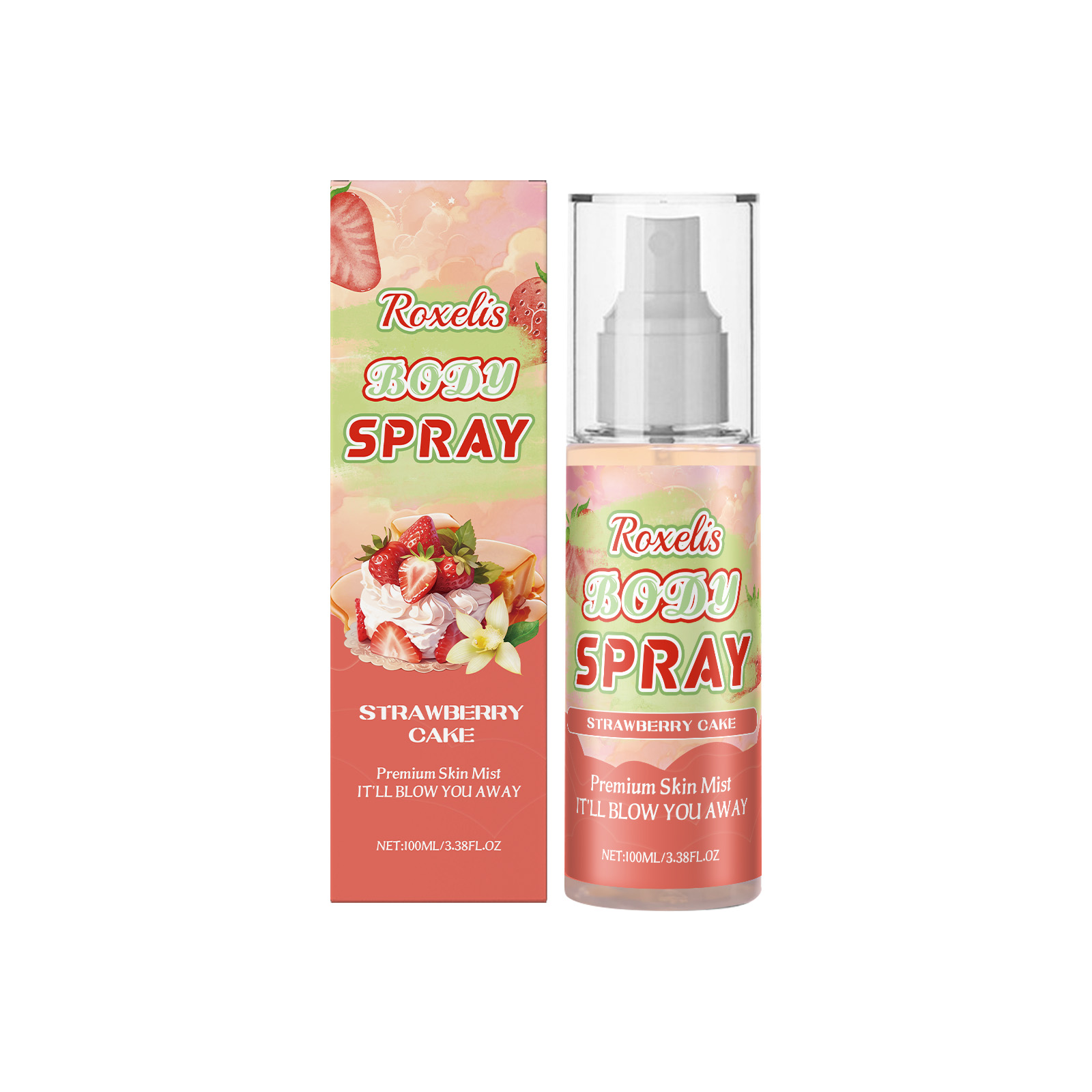 Product packaging and bottle of Roxelis Strawberry Cake Body Spray shown side-by-side with gradient label and pump sprayer
