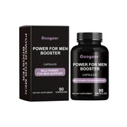 Black box and matching black bottle of Googeer Power for Men Booster capsules with purple accent labeling
