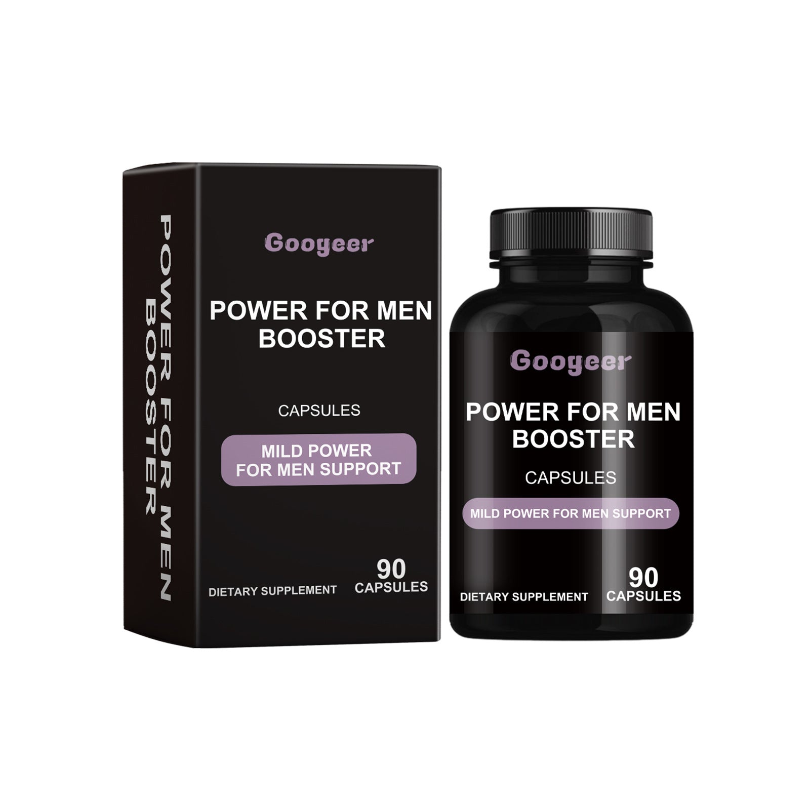 Black box and matching black bottle of Googeer Power for Men Booster capsules with purple accent labeling