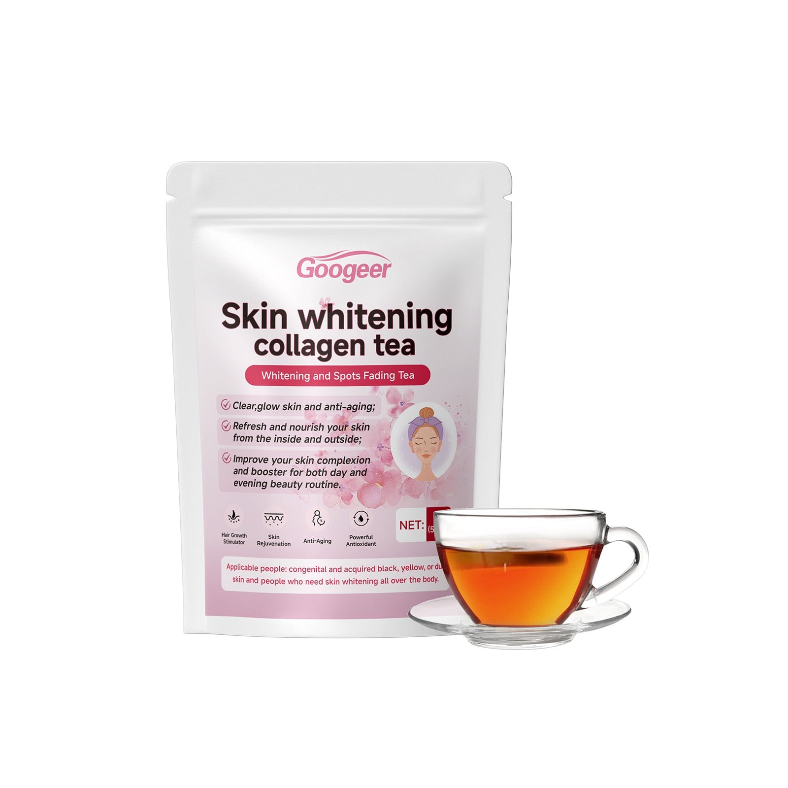 Googeer Skin Whitening Collagen Tea pouch with packaging and brewed tea in glass cup on saucer