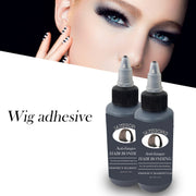 Close-up of glamorous model with dramatic eye makeup, winged eyeliner, and manicured nails with black and white design, paired with product showcase of two adhesive bottles