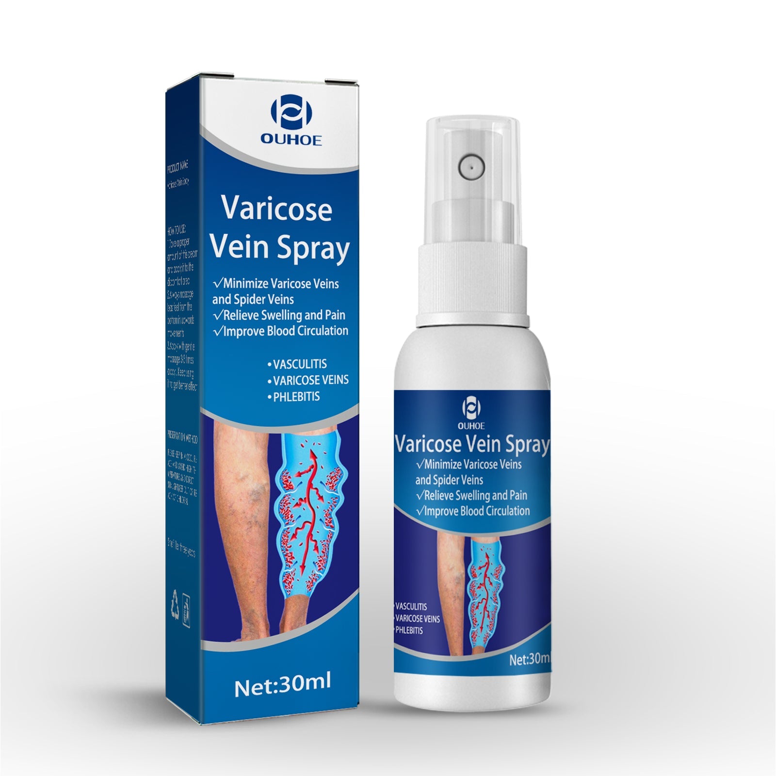 OUHOE Varicose Vein Spray 30ml product with blue box packaging and spray bottle displayed together
