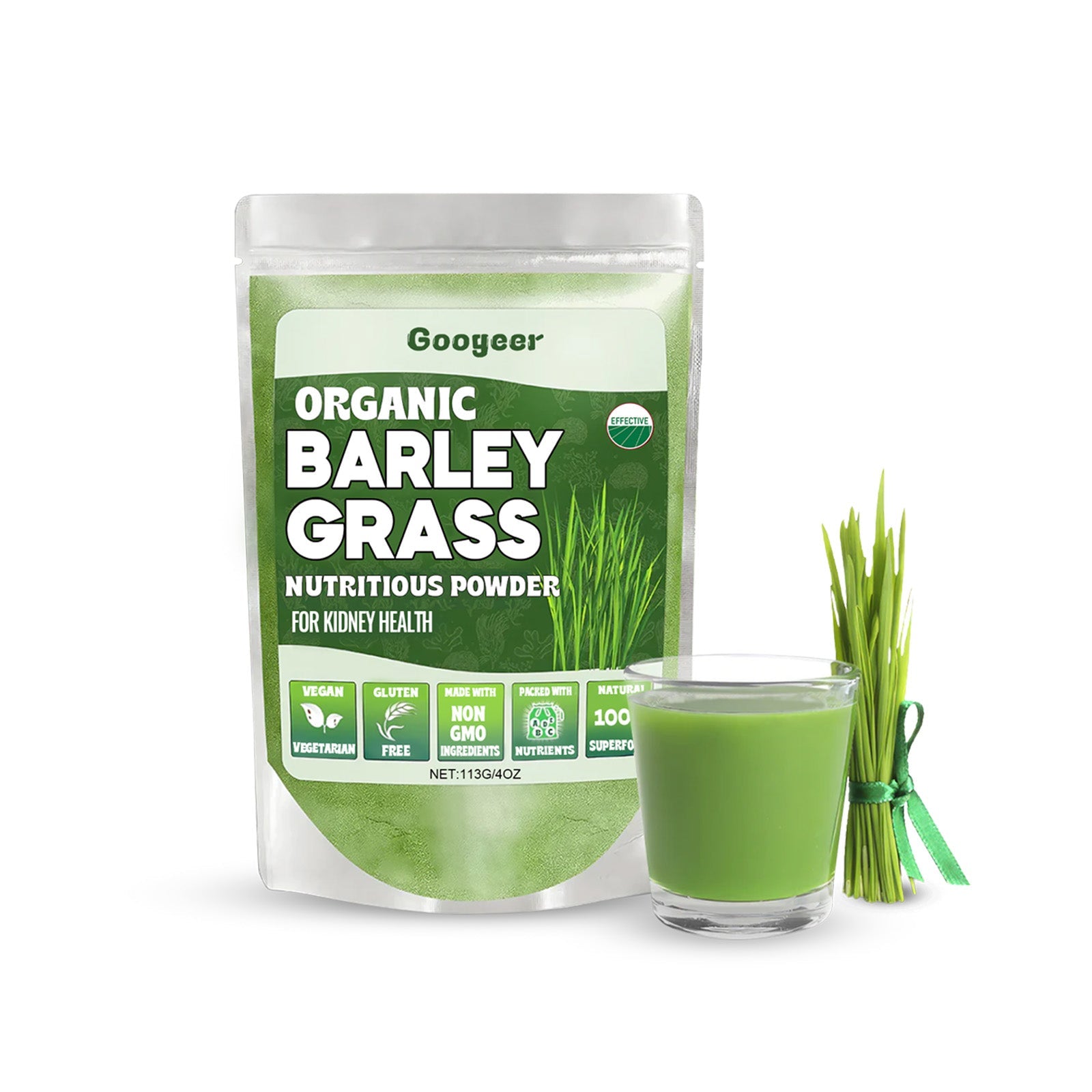 Googeer Organic Barley Grass powder pouch with prepared green juice in glass, fresh barley grass bundle