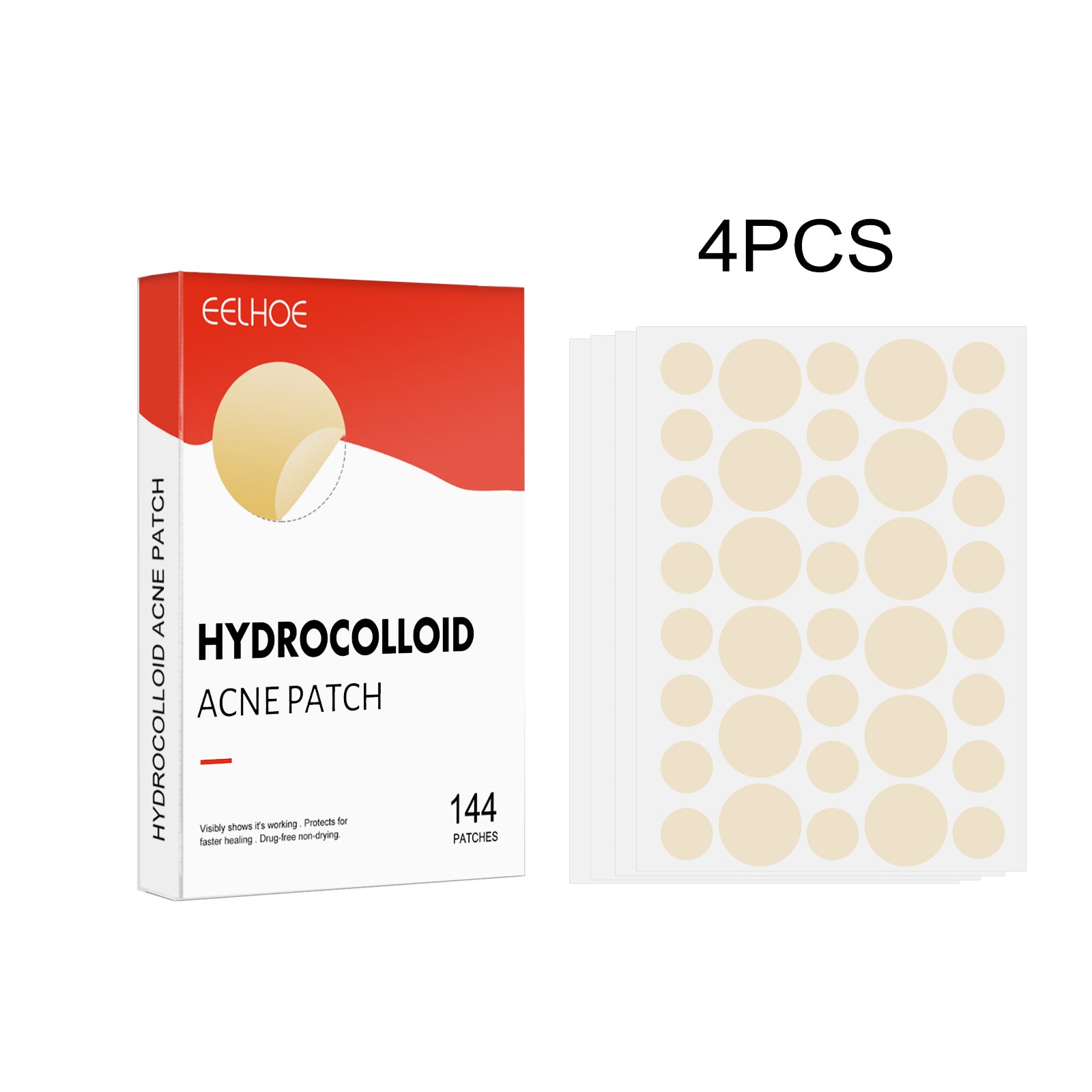EELHOE Hydrocolloid Acne Patch 4-pack bundle showing red packaging box and sheet of 144 cream-colored patches