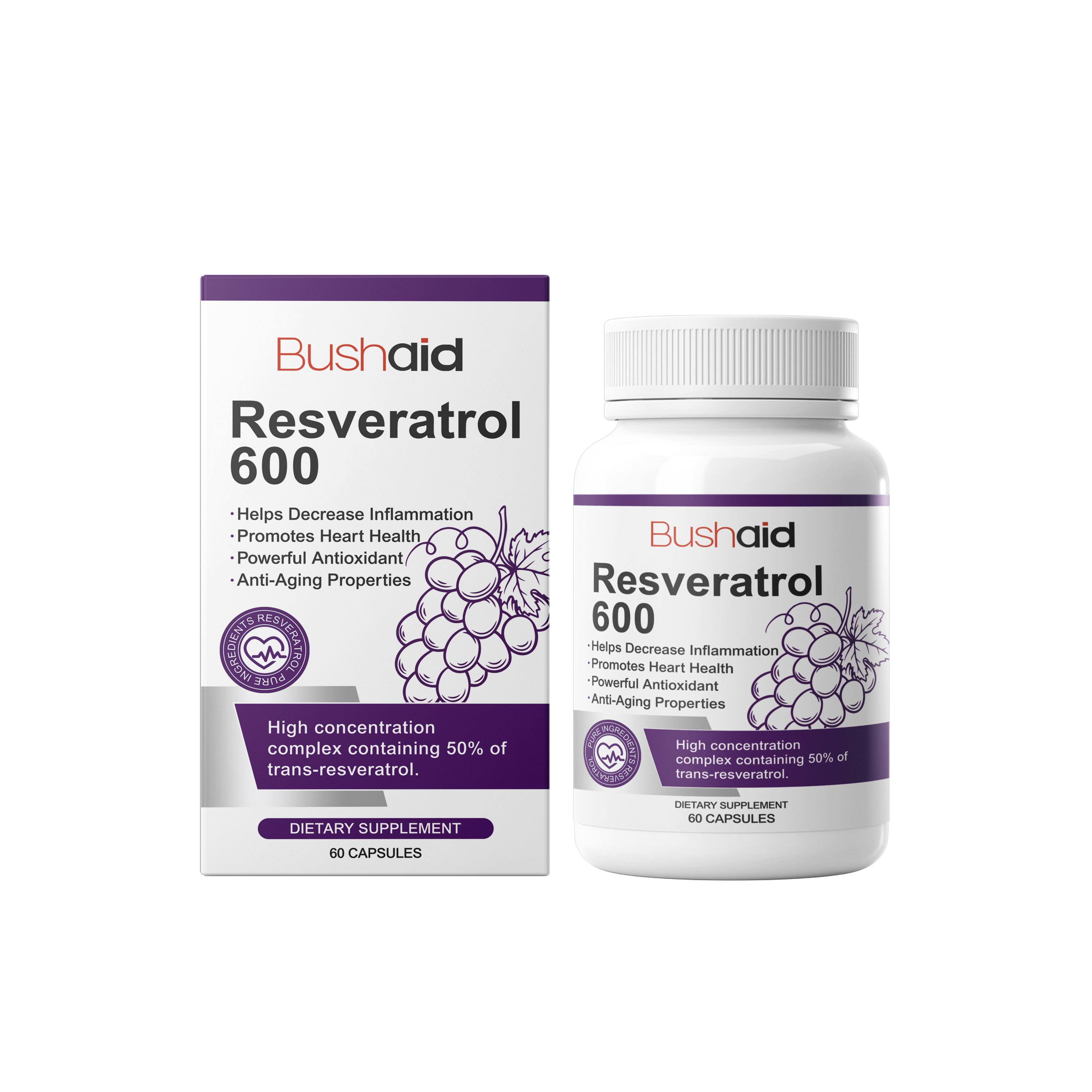 BushAid Resveratrol 600 product packaging box and white supplement bottle side by side against white background