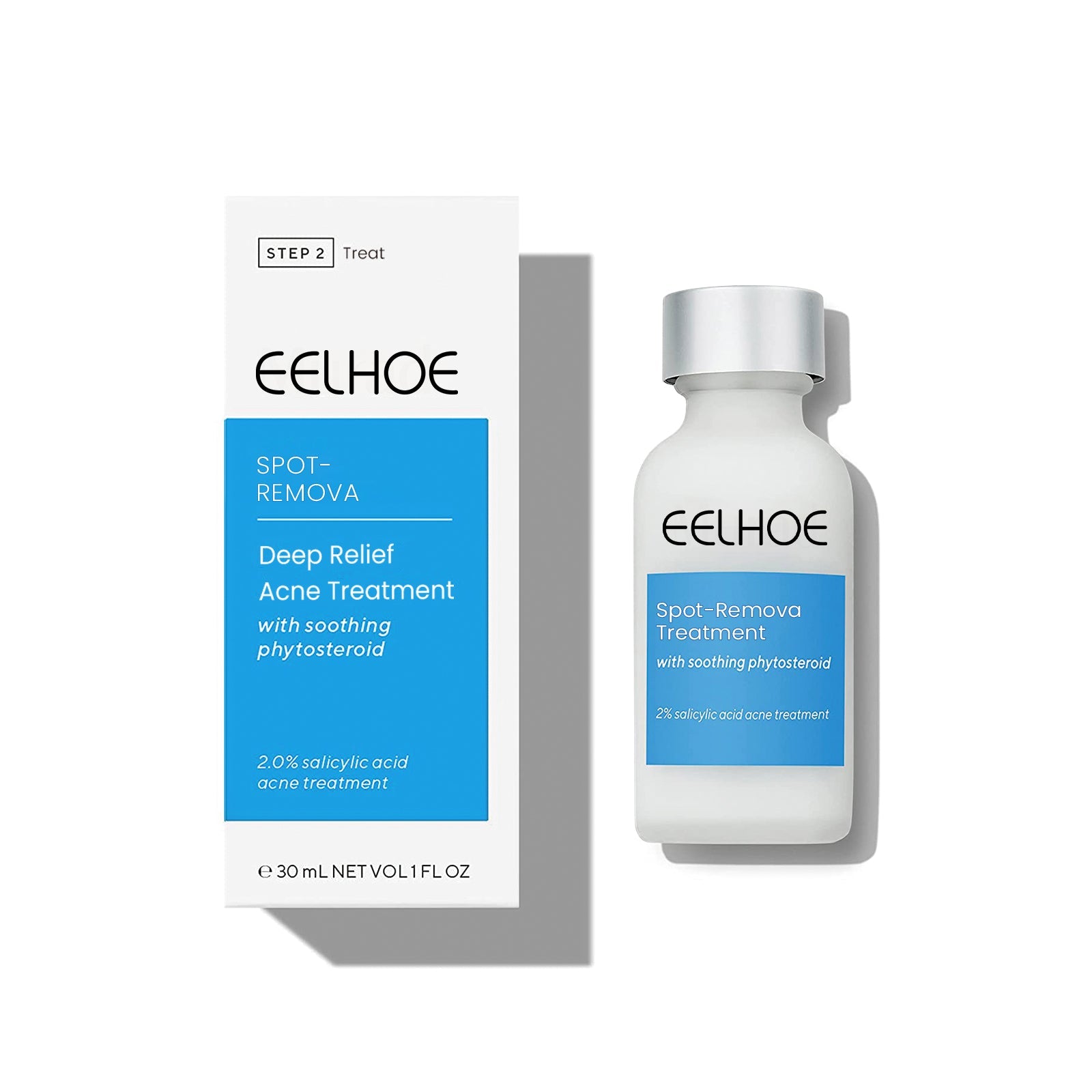 Product packaging and bottle displayed together at 45-degree angle with clean shadow