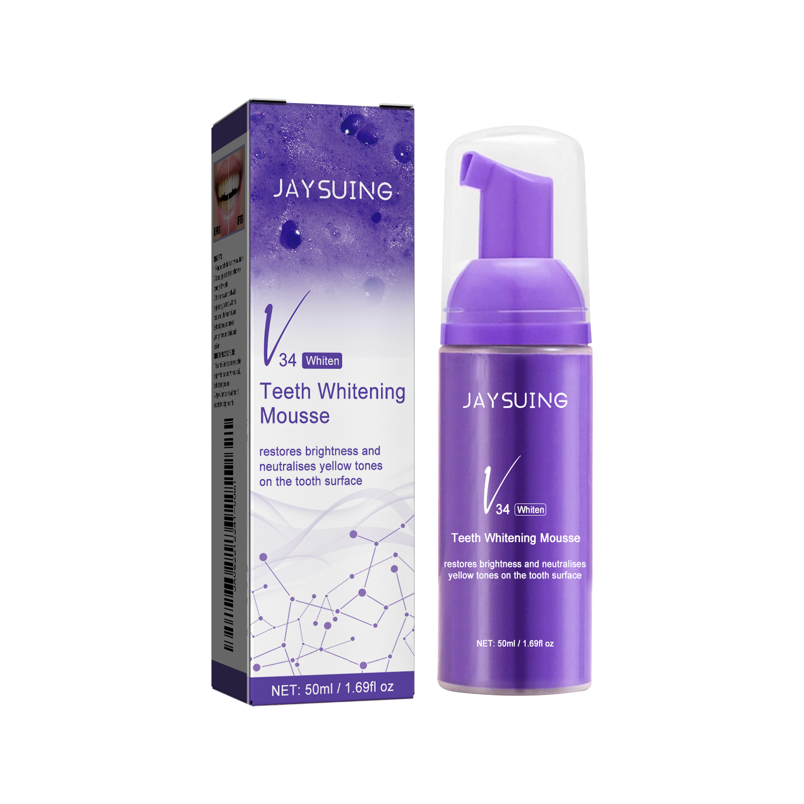 JAYSUING V34 Whitening Mousse product with purple bottle and box packaging displayed side-by-side